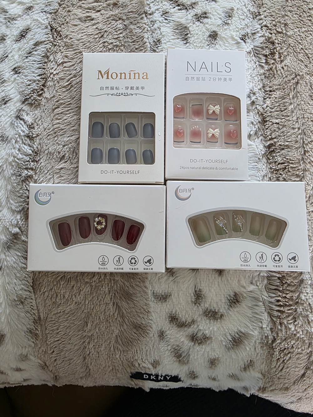 Press-On Nail Set — Gray, Pink, Burgundy & Green Accents